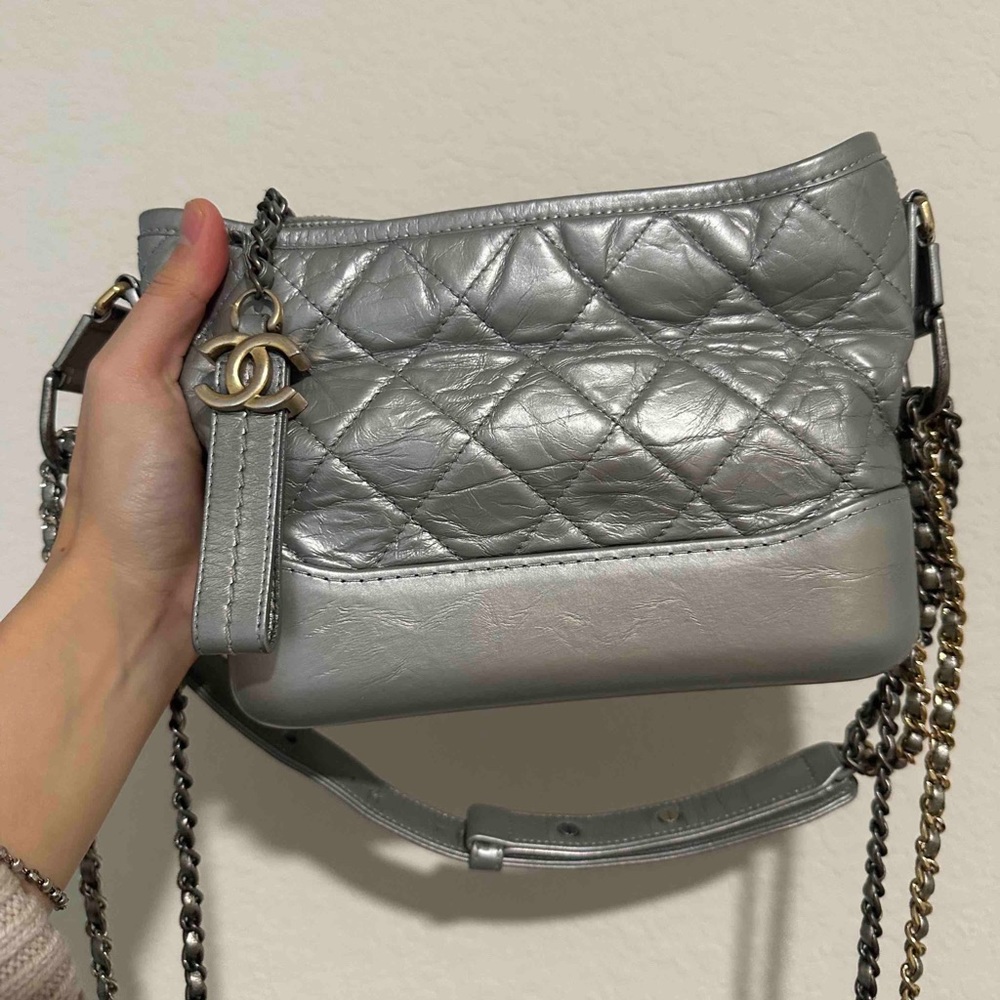 Chanel Silver Quilted Aged Calfskin Small Gabrielle Hobo